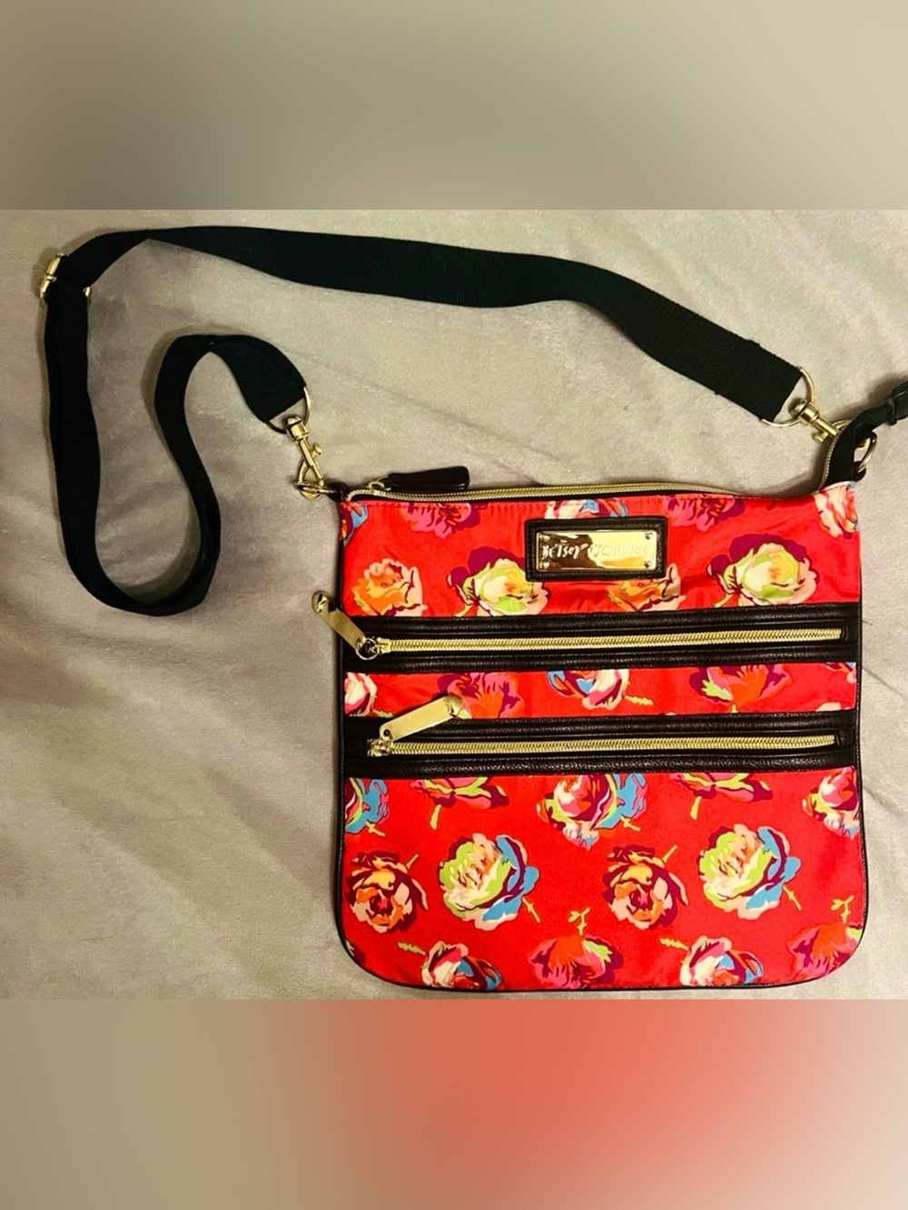 Betsey Johnson Red Floral Multi-Zip Nylon Crossbody Bag